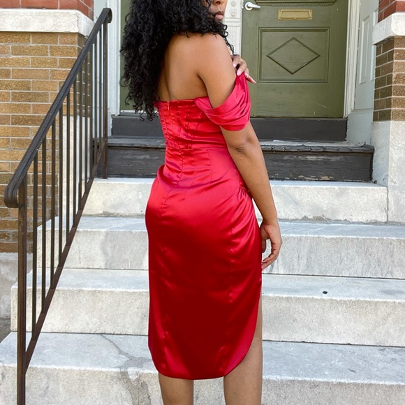 Red Satin Off the Shoulder Dress with Thigh Split - Picture 14 of 14